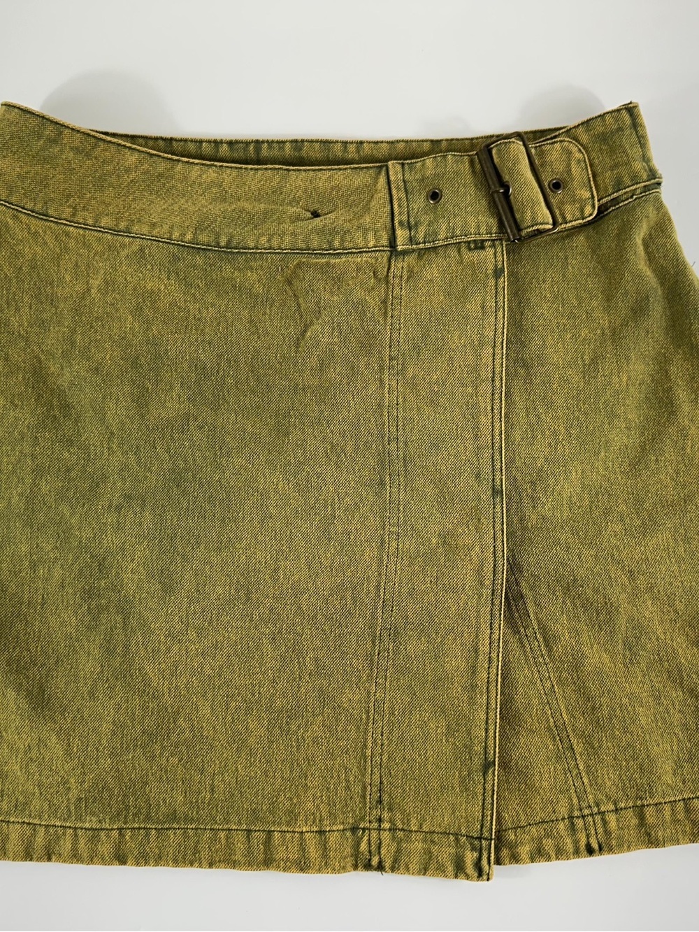 Chelsea & Violet Gold Olive Denim Mini Skirt Size L Buckle Wrap Front - Picture 2 of 5